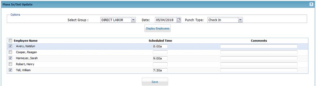 type. Timesheet must be unsigned and not approved for an in or out time to be posted to the timesheet. If the employee has a schedule, their scheduled in or out time will be posted.