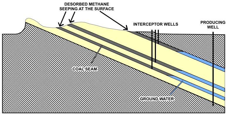 Figure 3: Cross section showing how gas interception system wells can be placed between CBM operations and the coal outcroppings where fugitive emissions occur in order to capture methane before it