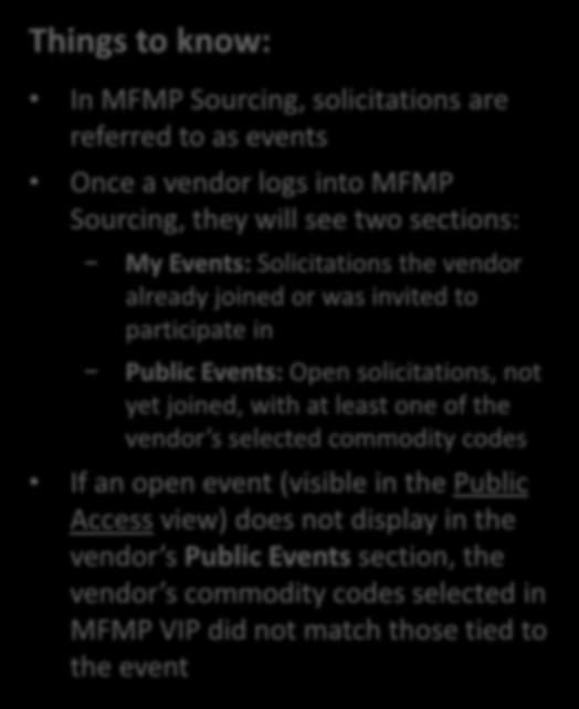My Events vs Public Events Things to know: In MFMP Sourcing, solicitations are referred to as events Once a vendor logs into MFMP Sourcing, they will see two sections: My Events: Solicitations the