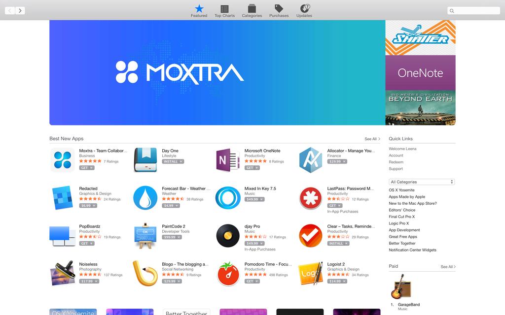 the moxtra application has been featured on the itunes and mac app stores in several categories