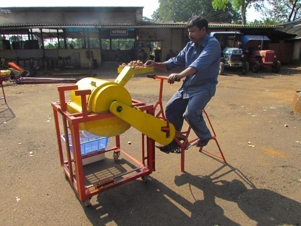 New Machines developed by DBSKKV Dapoli Pedal Operated Arecanut Dehusker Dehusking efficiency and kernel breakage at 7 m/s peripheral speed and 15 kg/h feed rate: 96.6 per cent and 6.