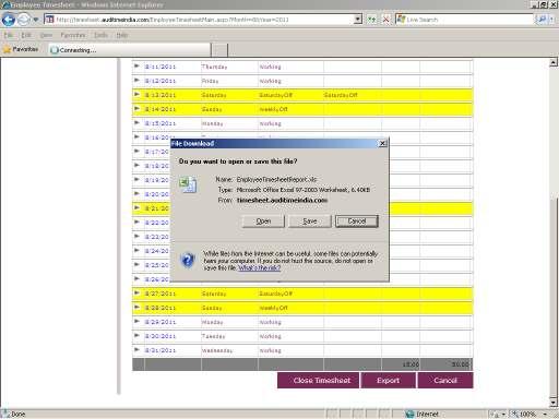 Step-17 Export of timesheet report Click on export button Message box appears showing three options