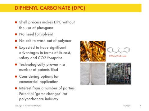 Shell has developed an advantaged process for a more sustainable phosgene-free route to diphenyl carbonate (DPC), a key raw material for polycarbonate.