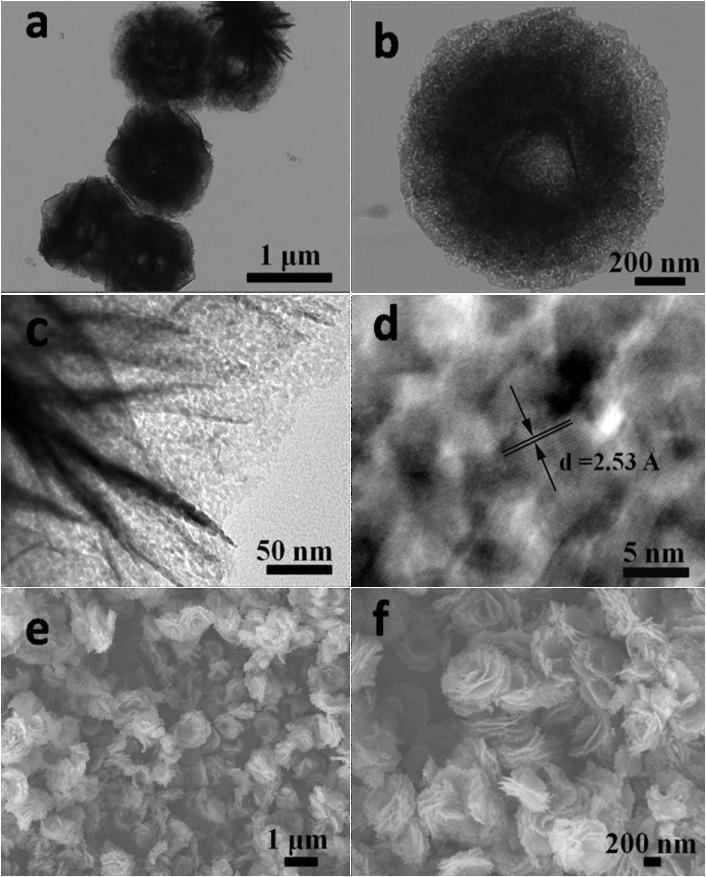 Fig. S6 (a, b, c) TEM images, (d) HRTEM image and (e, f) SEM images