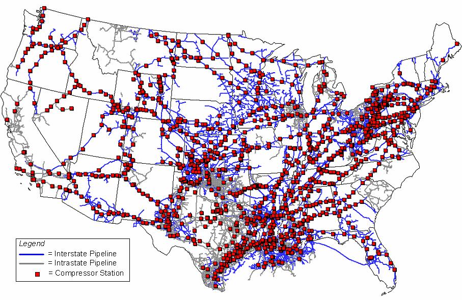 TRANSMISSION & STORAGE Compressor Stations Natural Gas Compressor Stations in the U.S. (2010) Source: Energy Information Administration Compressor stations are installed typically every 50 to 100 miles on a pipeline.