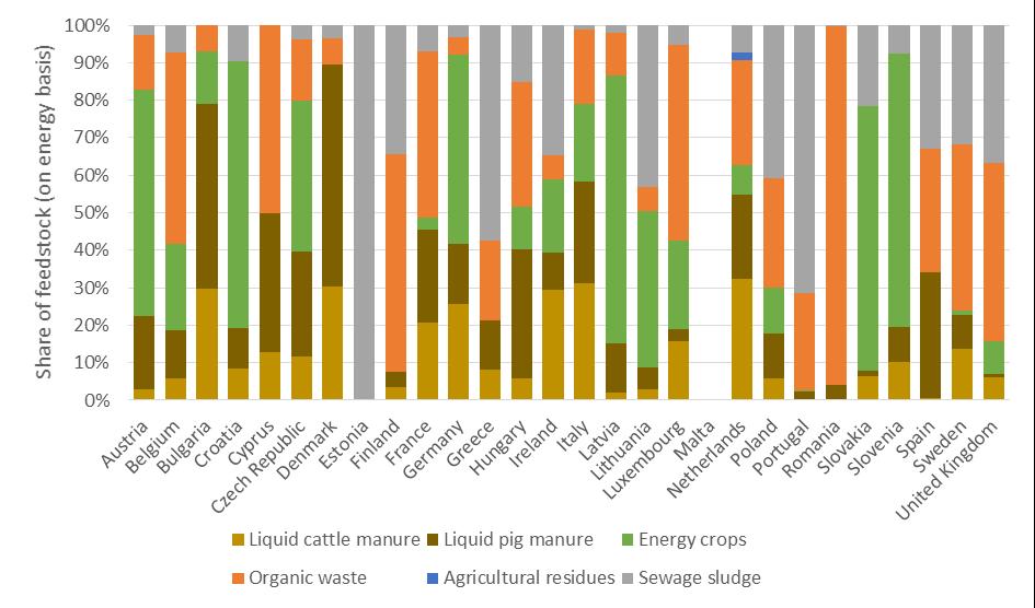 Figure 4 Share of feedstock use for biogas (on energy basis), estimates 6 Source: Graph from (CE Delft, DLO and Eclareon, 2016). 2.4 Biomethane production The total production of biomethane in Europe was 12.