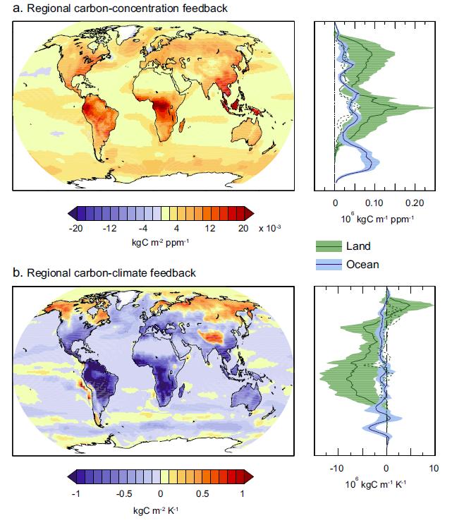 Model-predicted changes in the fate of anthropogenic CO2 with climate change (a. CO 2 effect, b. Climate effect) (CO 2 effect, i.e. ) Bigger sink kgc m -2 ppm -1 (climate effect, i.e., ) Smal -ler sink IPCC (2013), Ch.