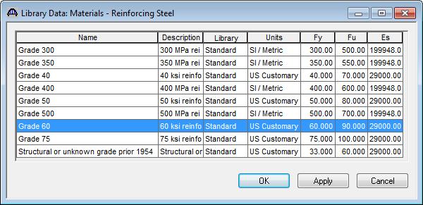 To add reinforcement material, click on Reinforcing Steel in the tree and select File New from the menu (or right mouse click on