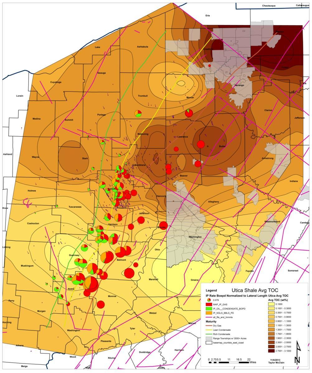 Overview Map of Utica Shale Play The Utica Shale member overlying the Point Pleasant becomes more organic rich in northwestern Pennsylvania. Average TOC s up to 3.0% noted.