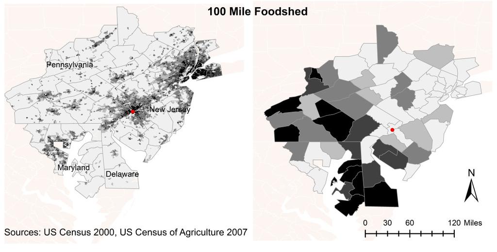The participating counties in each of the defined foodshed regions are mapped in figure 2, and the population density within each foodshed region is presented alongside per capita sales of