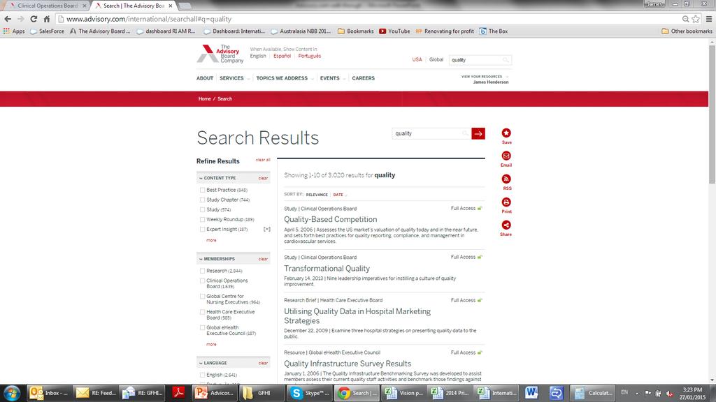 Search and filtering results Searching on is achieved through the top right search box, in this example, the broad term quality has been used, producing over 3,000 results.