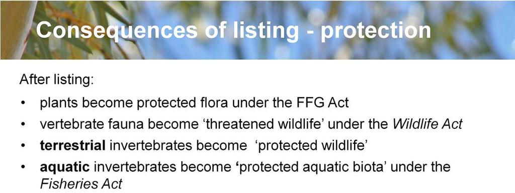 wildlife includes any taxon of terrestrial invertebrate animal which is listed under the FFG Act Terrestrial means something that has no part of its life in water fish means all species of vertebrate