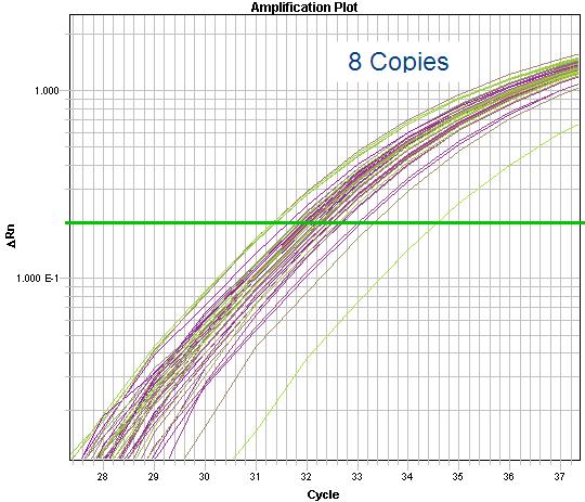 Figure 4a: Real-Time PCR amplification curves for 48 replicates of 8000 125 copies of template in an RNaseP assay.
