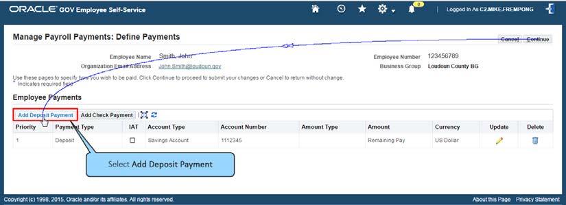 On the Manage Payroll Payments: Define Payments page, select the Add Deposit