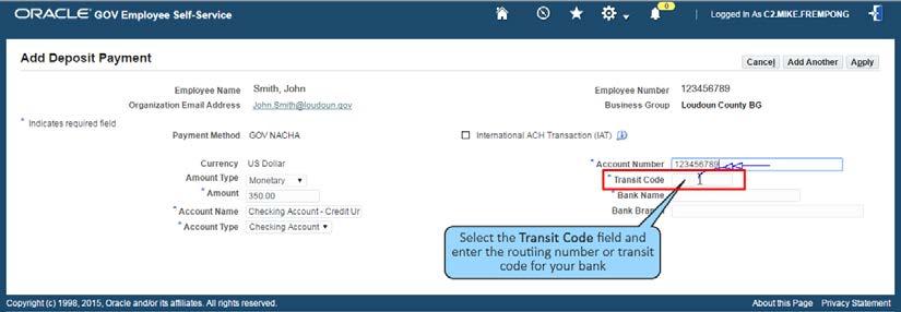 Select the Transit Code field and enter the routing