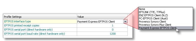 Now go to Profiles screen in EXO Business Config find the EFTPOS Interface type profile setting and for the computer profile in question select the Payment Express EFTPOS Client. 7. Click Save.