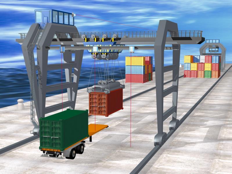 The 3D image shows potential applications for laser distance sensors on gantry cranes.