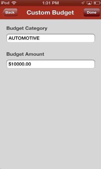 Setting Up Budgeting Category Done Budget progress bar now active Enter budget