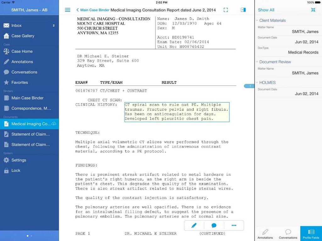 Tap to open any document, with up-to-date Annotations, Conversations (in-app messaging) and Document Profile information at your fingertips: Stay in Touch Easily review