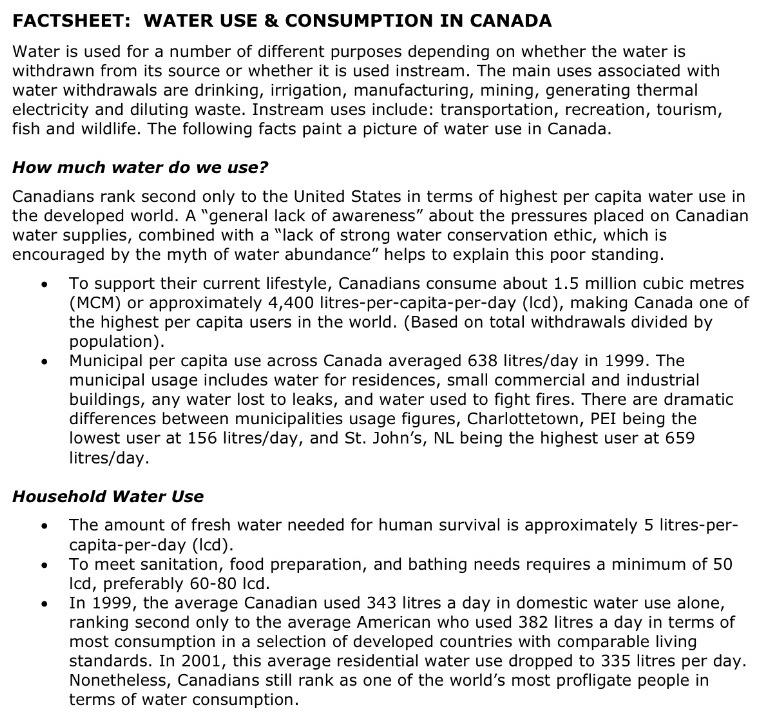 Develop a Water Action Plan: Read about water usage in Canada in the next two pages: Typical daily water usage (ref Water Calculator @ www.cbc.