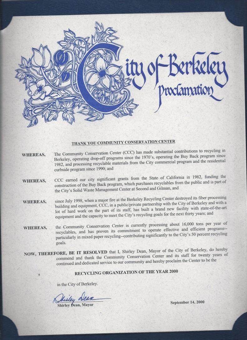 City Proclamation in 2000 for recycling services Drop-off since 1970 s