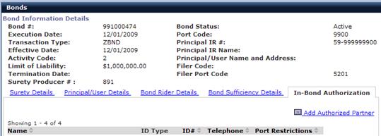 The In-Bond Authorization screen is located on the Accounts tab under the carrier view.