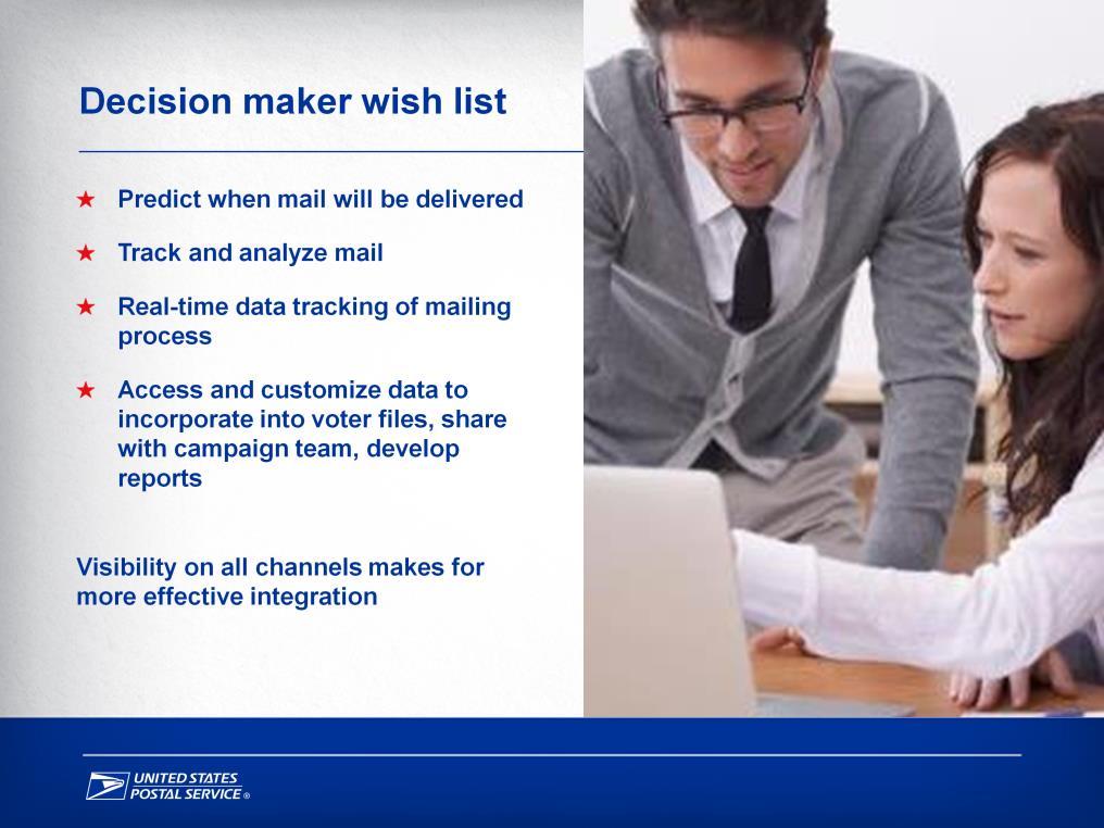 Decision maker wish list Predict when mail will be delivered Track and analyze mail Real-time data tracking of mailing process Access and customize data