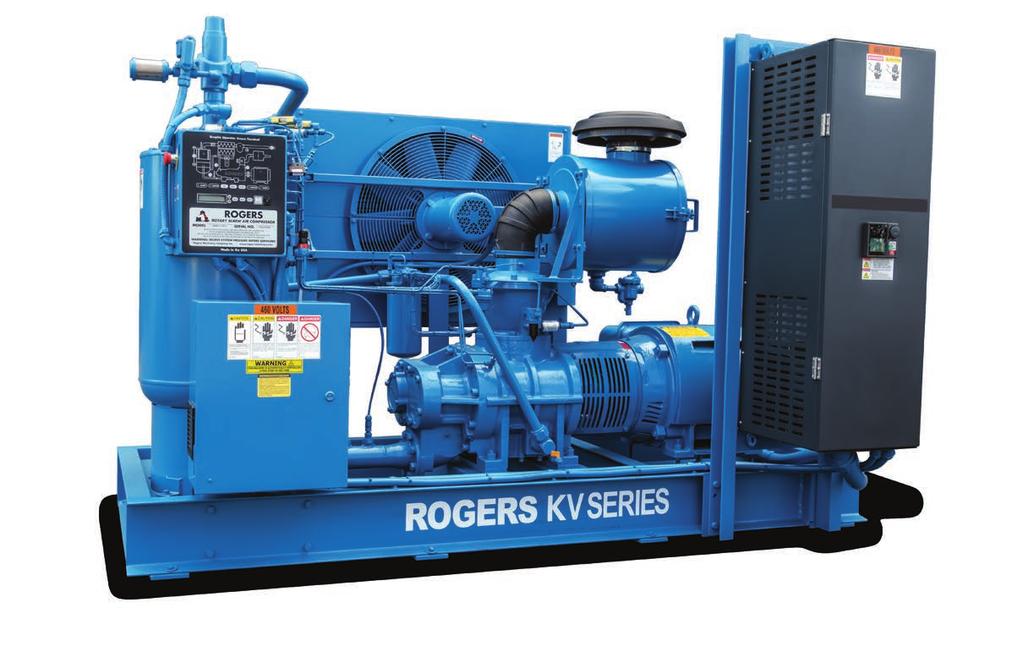 ROGERS KV Series Inside the KV Series ROGERS delivers an ecologically friendly and energy efficient compressor design. Lubricant Filter Spin-on, full-flow, 12µ, high efficiency element(s).