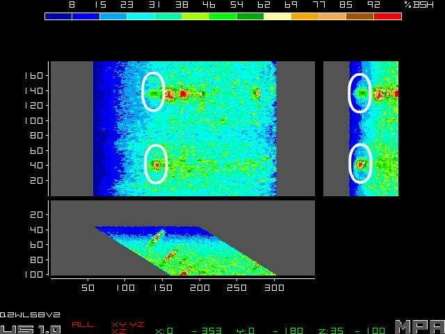 Figure 4 - UT scan, 58 2 MHz longitudinal wave; dual probe set-up; IGSCC and 3 mm EDM notch Figure 5: UT scan, 58 2 MHz longitudinal wave; dual probe set-up; 7 mm EDM notches The worst case scenario