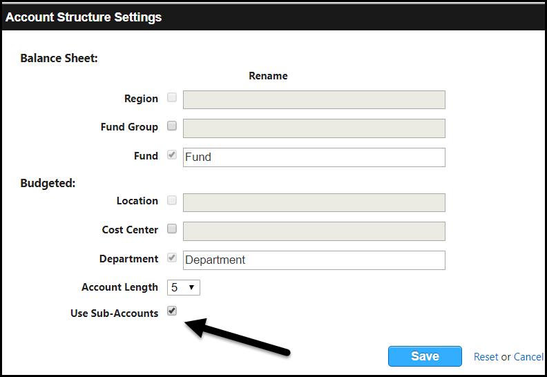 Account Structure Settings General Ledger > Modify > Account Structure > Settings On the Account Structure page click the Settings link to select how you want your structure to be set up.