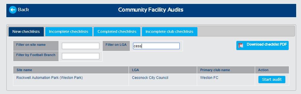 COMMUNITY FACILITY AUDITS - CHECKLISTS Below the search filter options is a list of LGAs that have facilities in them to be audited and tell the auditor which LGAs to search for.