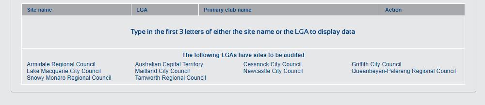 The last tab tells the user which clubs are yet to complete their audits. In the below example, an LGA filter is being used to find a specific facility.