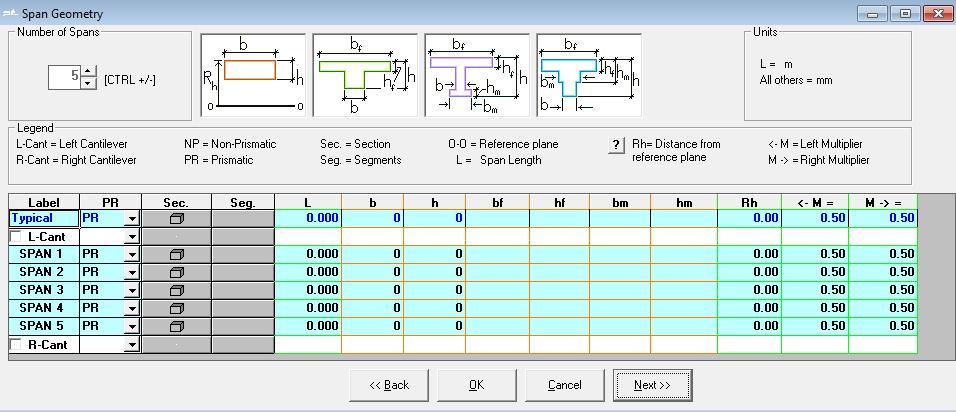 Chapter 3 BASIC PROGRAM OPERATIONS Delete line Copy selected lines Paste lines FIGURE 3.3-2 SPAN GEOMETRY INPUT SCREEN Each table contains a Typical row for fast input of data.