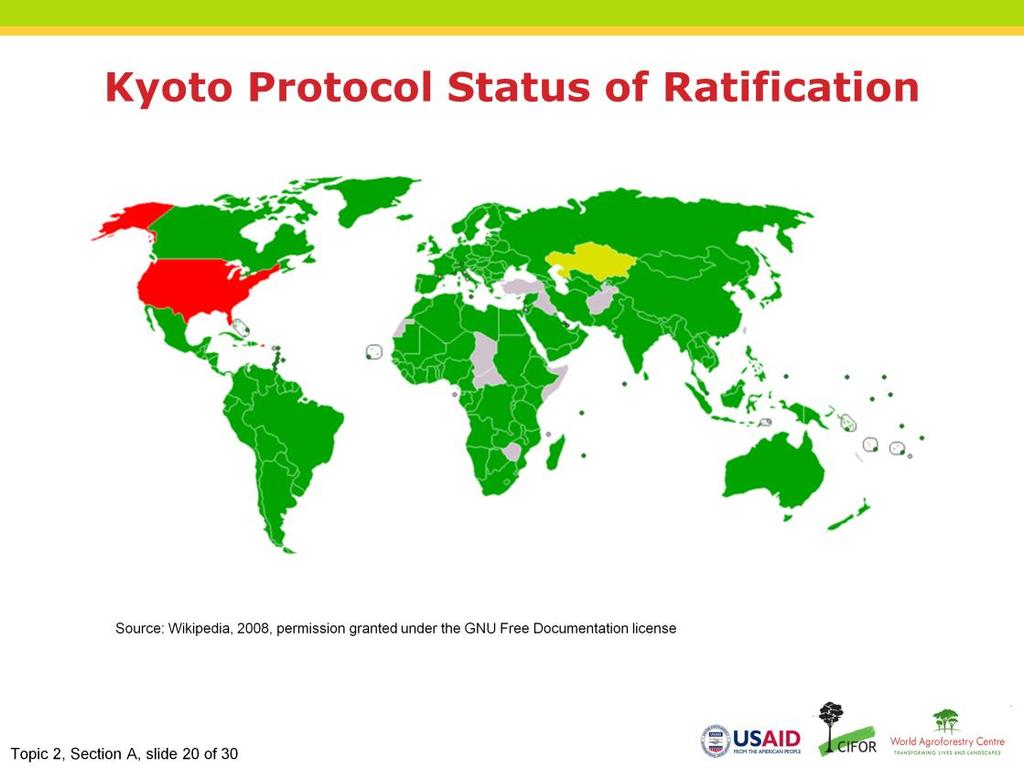 Narration: The Kyoto Protocol entered into force in 1995 and will expire in 2012. All developed countries have ratified the Kyoto Protocol except the United States.