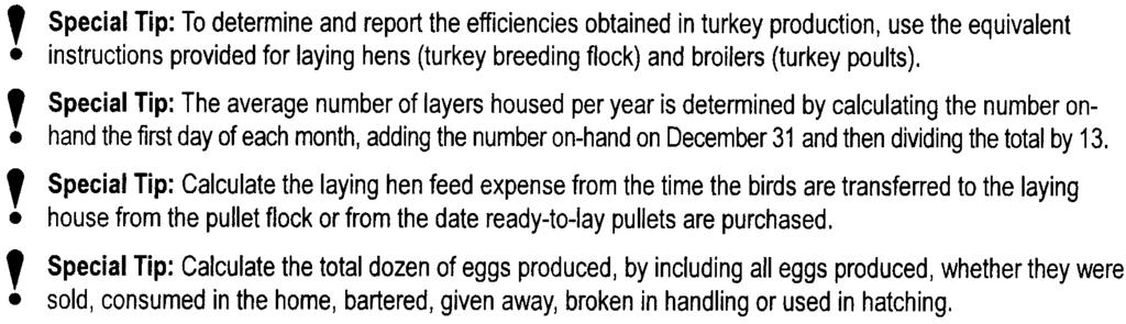 Number of Eggs Per Hen Housed Total number of eggs produced Average number of hens housed (See Appendix I) = Number of Eggs per Hen Housed Feed Cost Per Dozen Eggs Produced Total feed ex Dense (See