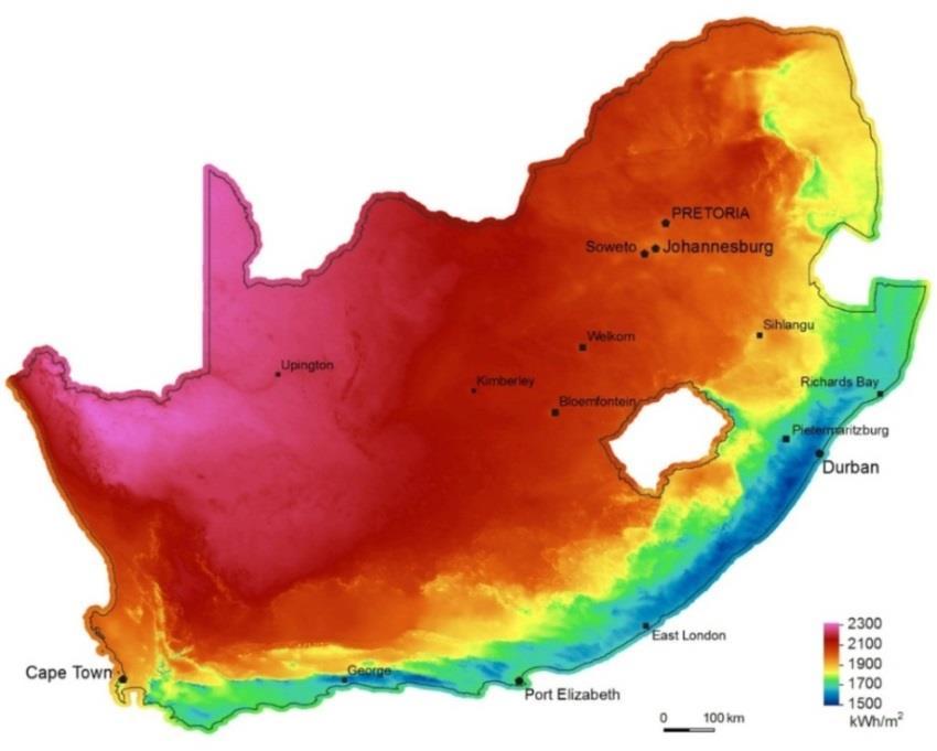 Figure 5.4: Solar Resource Availability in South Africa (Source: SolarGIS map 2013 GeoModel Solar).