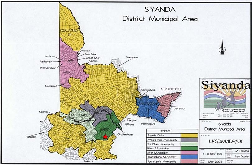 Figure 3.13: Siyanda DM (now known as ZF Mgcawu DM) boundary and boundaries of local municipalities (Siyanda DM IDP, 2013) The!