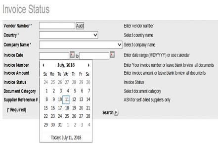 Invoices: Use the calendar icons to select a date range Please note that amount of information you can view varies from company to company.