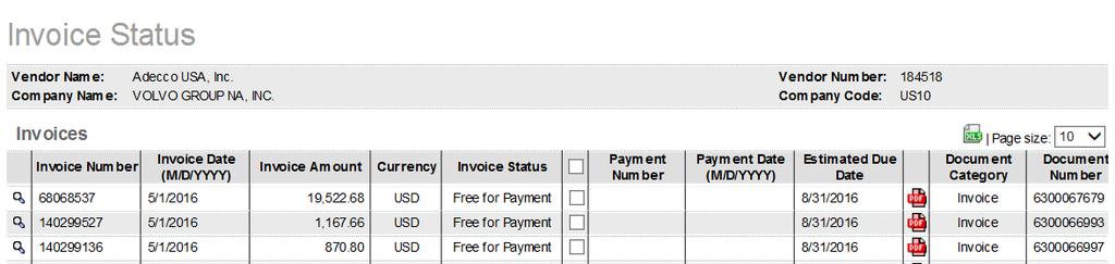 Invoices: Once you have made your selections and clicked on the search button, the invoices will appear.