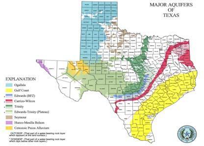 Texas Water Uses and Sources Users by Source Groundwater (9.4 maf/57%) Agriculture 80% Municipal 15% Other 5% Surface Water (7.