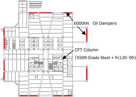 For the columns, CFT columns (550-N grade steel and Fc-120 and Fc-90 concrete) are applied.