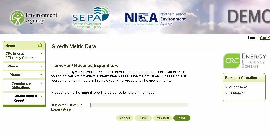 Growth Metric Data The growth metric gives reward to organisations that can reduce their carbon intensity whether they are growing or contracting Enter your revenue/turnover in in the box.