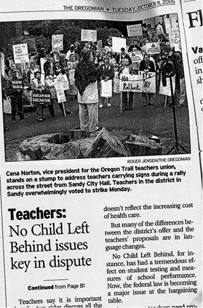 Oregon Trail Nice Teachers headline Strike Who do the signs speak to?