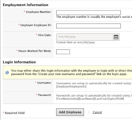 At the bottom of the page, click Add Employee Refer to the Demographics Data File Import section of this guide for details on each of the fields on the employee profile page.