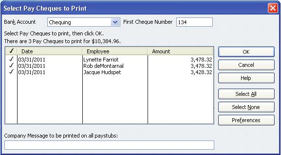 To print at a later time, go to the Employee Centre, click the Print drop-down arrow, and then click Print Pay Cheques or