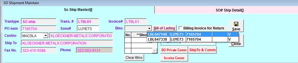 Invoice Master Select the Bill of lading from the
