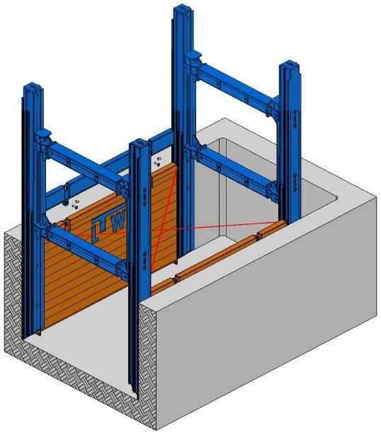 Pick up the pre-assembled Slide Rail Frame with an appropriate lifting device, raise it over the Base panel and insert the outer guidance over the side part (T- Section) of the Panel.