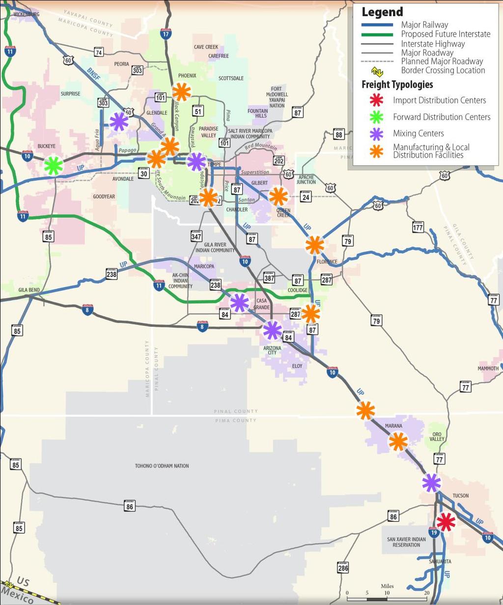 Freight Focus Area Typologies: Four Examples Focus Area evaluation helped identify freight typologies present in Sun Corridor Maricopa Pinal Pima Phoenix Mesa Gateway West Valley Discovery Triangle