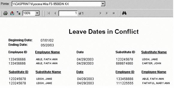 The report will list both employees and substitutes who have multiple leave records with the same date. This will allow for corrections before calculating payroll. Below is a sample report.