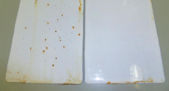On application, the reaction with moisture produces visible pinhole defects (below left) in comparison to the formulation incorporating Incozol 2 (below right).